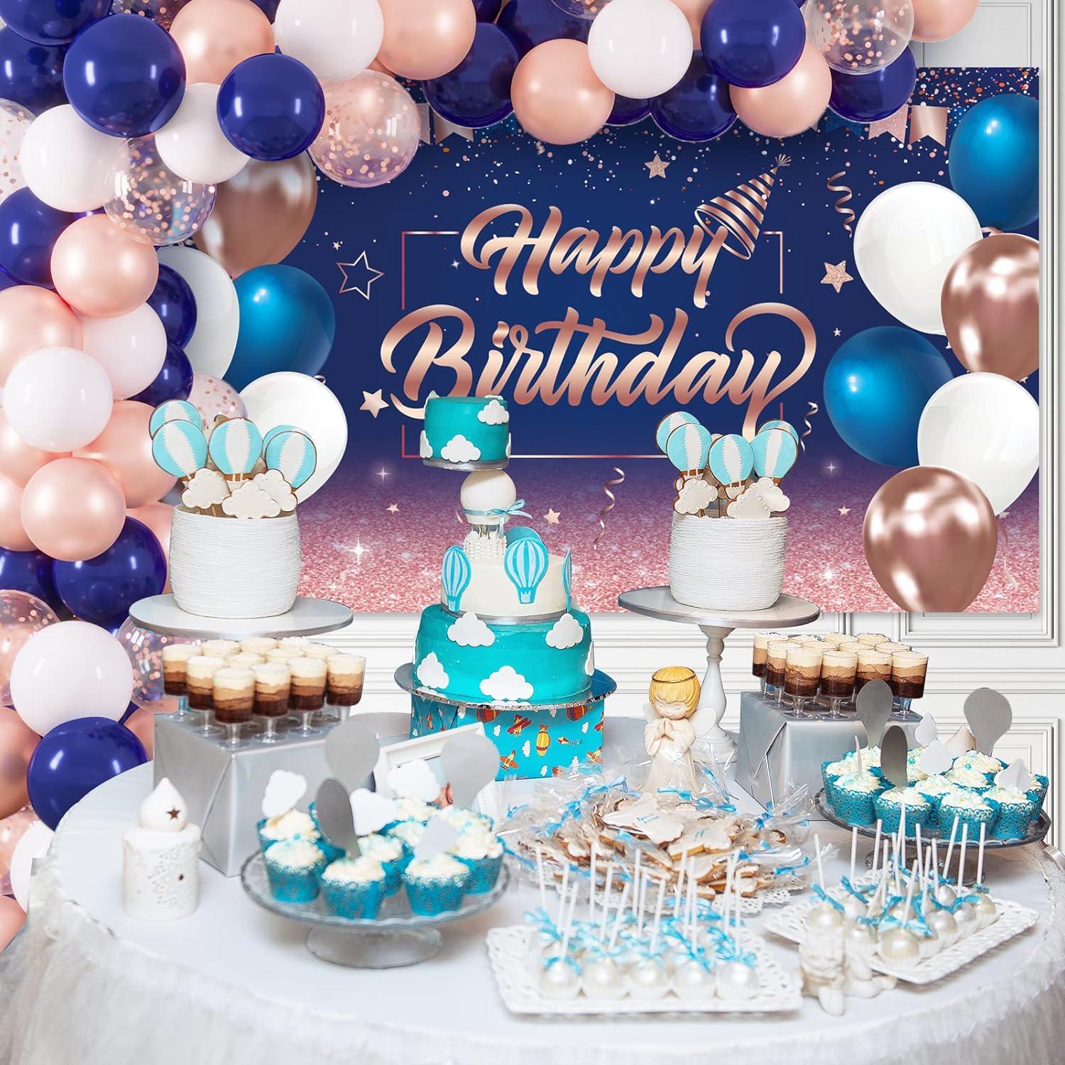 Navy Blue and Rose Gold Balloons with Happy Birthday Backdrop Kit - Lasercutwraps Shop