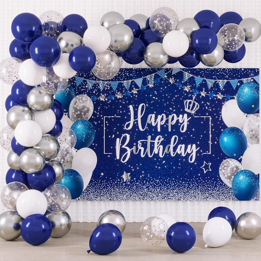 Navy and Silver Birthday Backdrop with 70pcs Navy, Silver and White Balloon Garland Kit - Lasercutwraps Shop