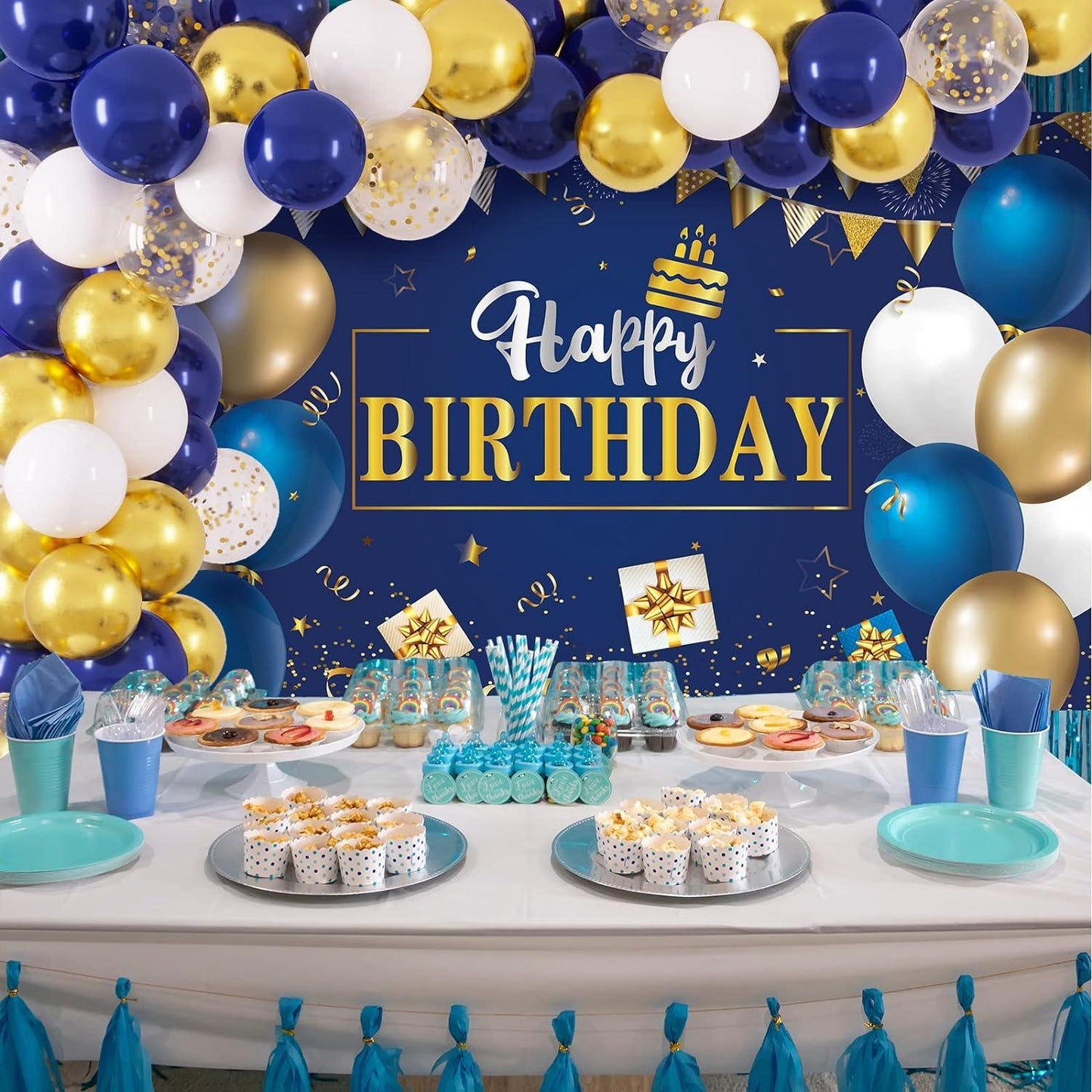 Navy Blue Birthday Decorations Happy Birthday Backdrop with 70pc Navy Blue Gold and White Balloon Garland Kit - Lasercutwraps Shop