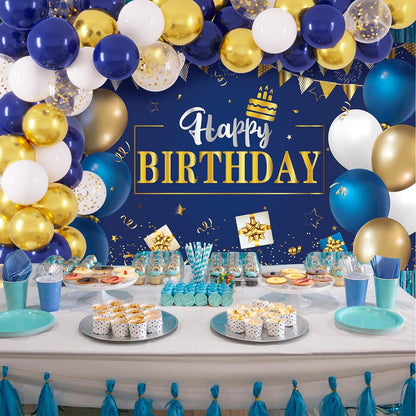 Navy Blue Birthday Decorations Happy Birthday Backdrop with 70pc Navy Blue Gold and White Balloon Garland Kit - Lasercutwraps Shop