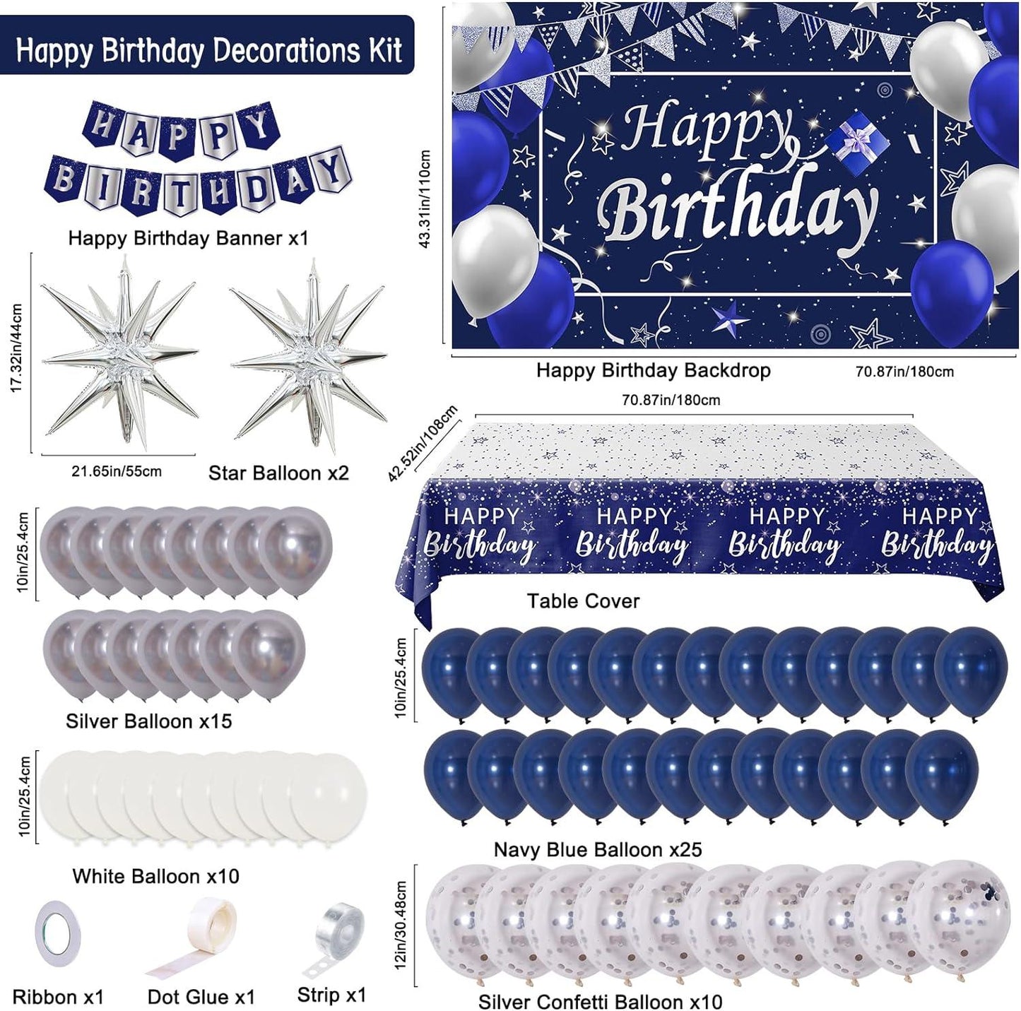 80 PCS Blue and Silver Birthday Decorations, Happy Birthday Backdrop Banner Party Supplies - Lasercutwraps Shop