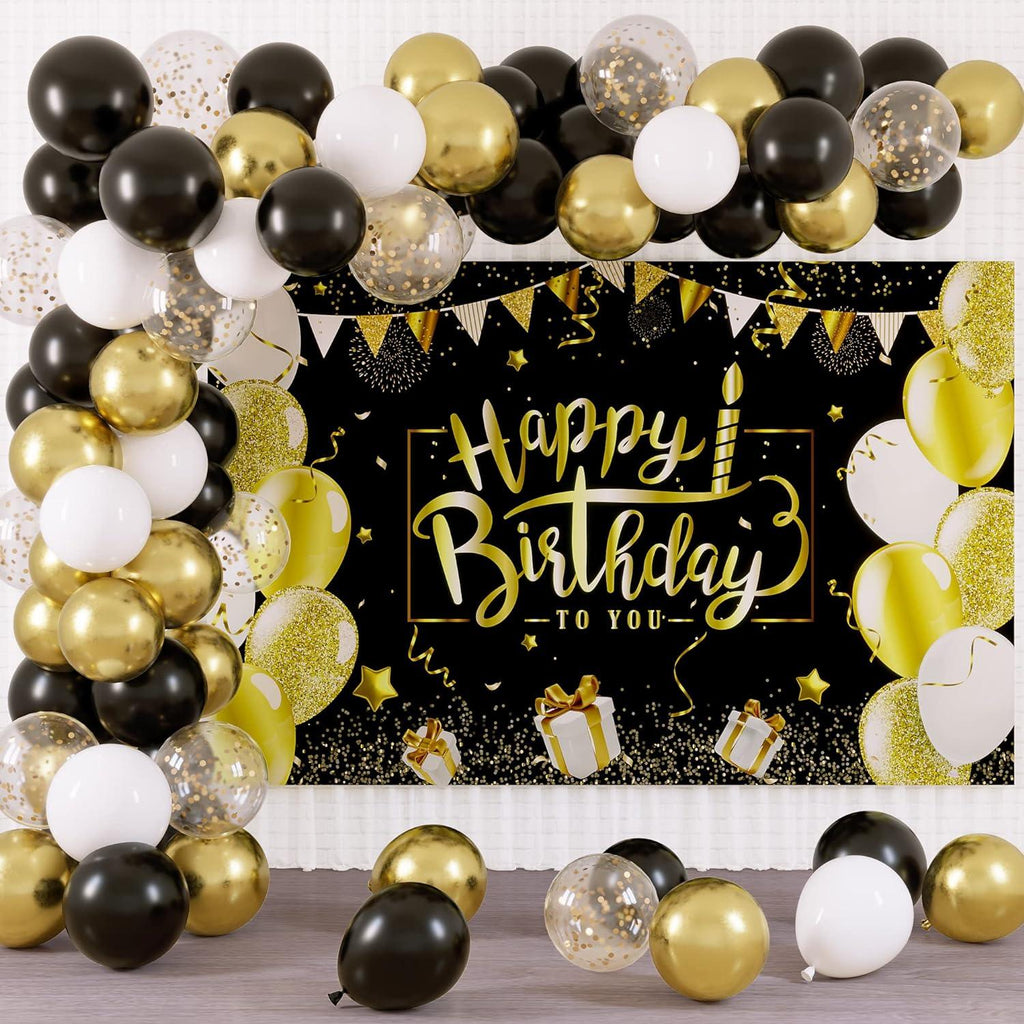 Black and Gold Birthday Decorations Happy Birthday Backdrop with 70pcs Black and Gold Balloon Garland Kit - Lasercutwraps Shop