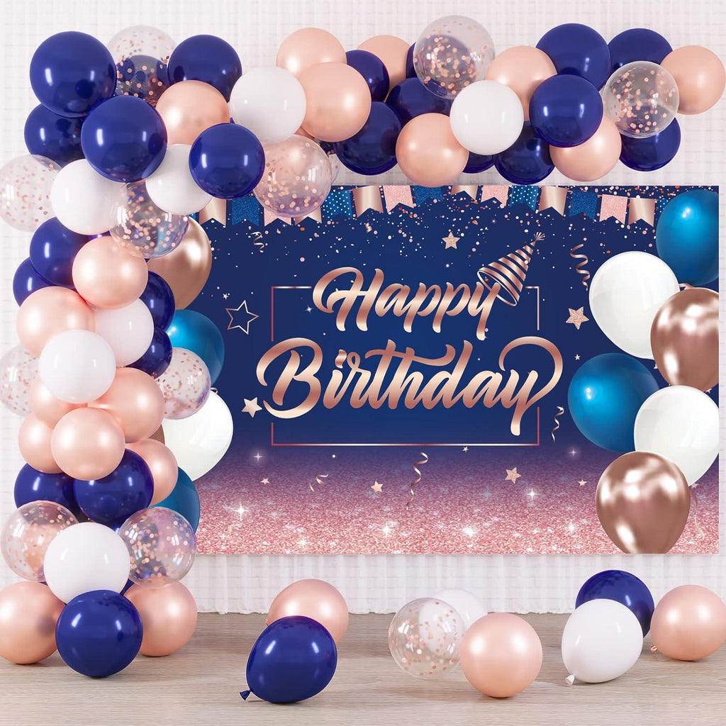 Navy Blue and Rose Gold Balloons with Happy Birthday Backdrop Kit - Lasercutwraps Shop