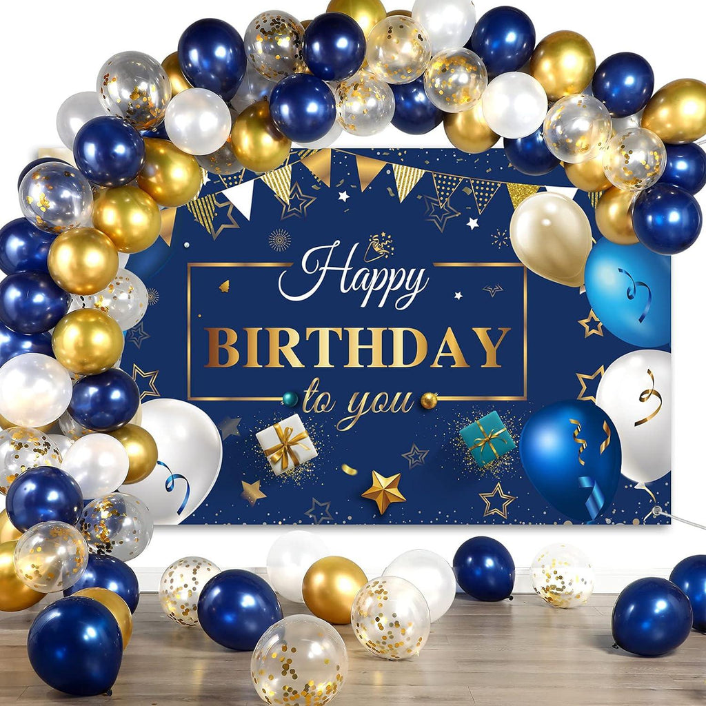 Navy Blue Birthday Confetti Balloons Kit with Blue Birthday Photography Backdrop Banner - Lasercutwraps Shop