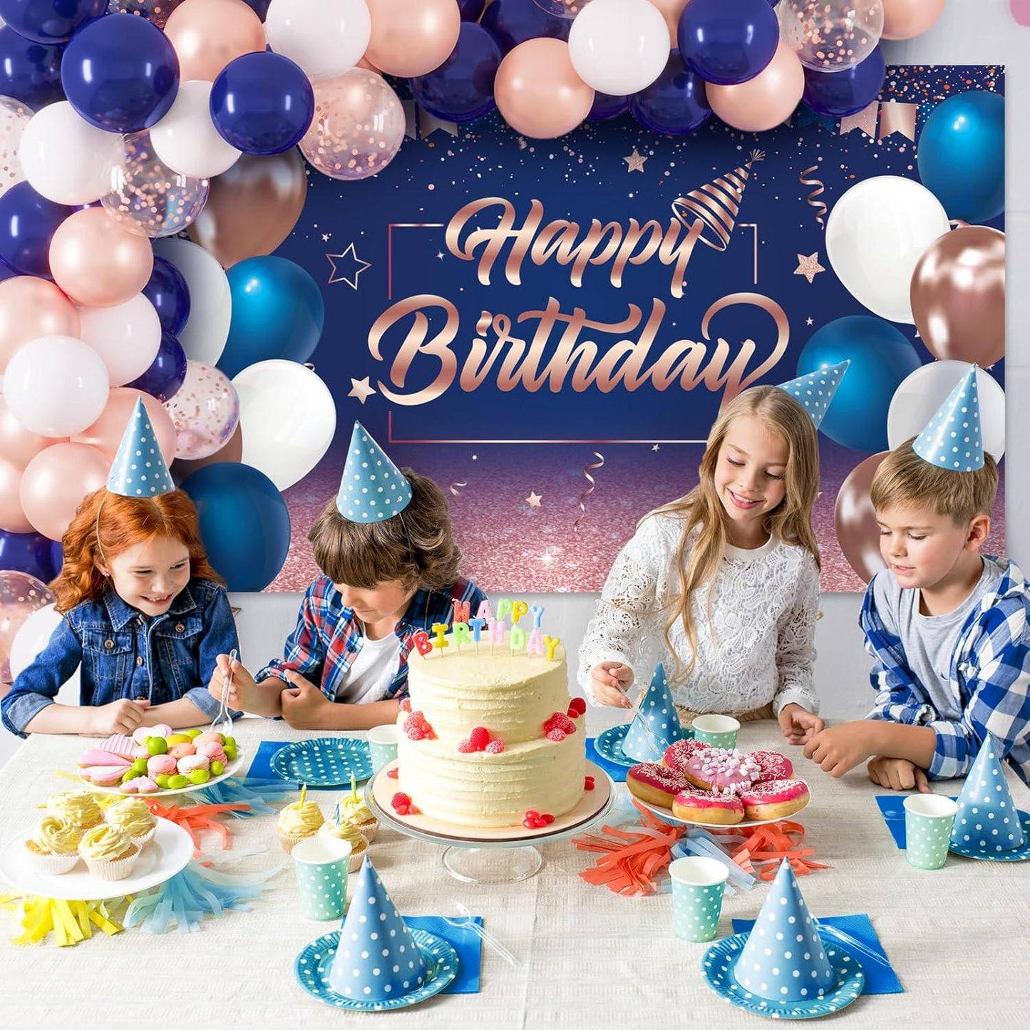 Navy Blue and Rose Gold Balloons with Happy Birthday Backdrop Kit - Lasercutwraps Shop