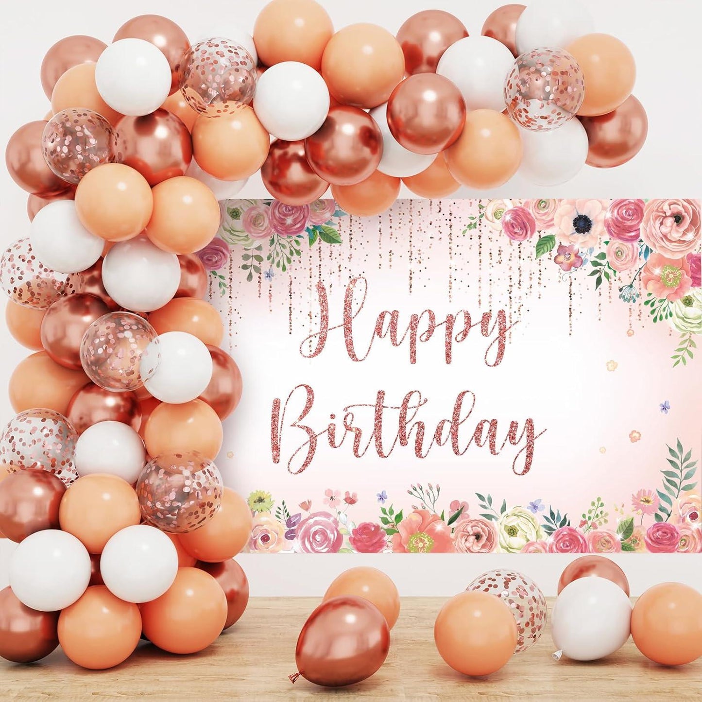 Rose Gold Birthday Balloon Garland Decorations with Happy Birthday Backdrop - Lasercutwraps Shop