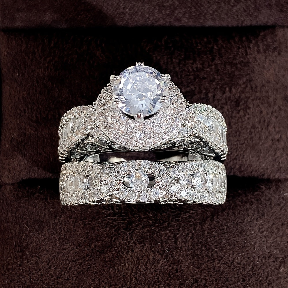 2pcs Set Luxury Elegant Wedding Ring, Micro Pave Synthetic Zirconia