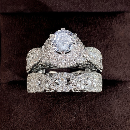 2pcs Set Luxury Elegant Wedding Ring, Micro Pave Synthetic Zirconia