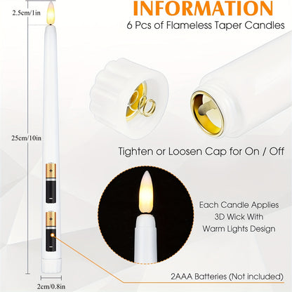 6/12pcs Flameless Taper Candles - LED Candlesticks Realistic 3D Flame & Warm Yellow Glow