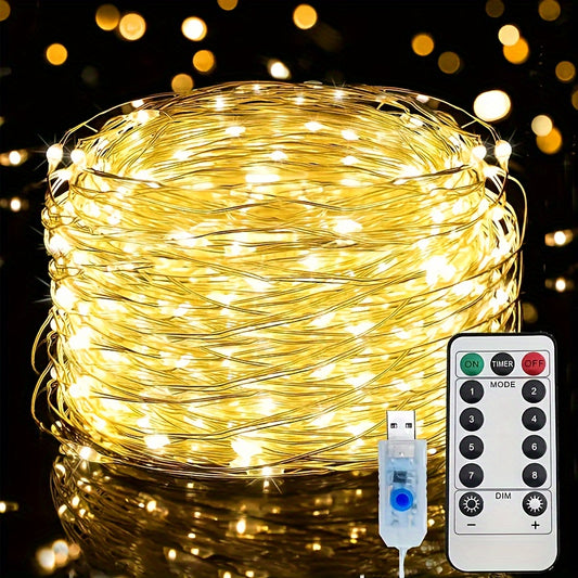 USB String Lights | 66FT 200LED, 33Ft 100 LED, 16.4FT 50LED Changing Silver Wire Lights with 8 Lighting Modes Remote Control for Craft Bedroom Ceiling Christmas Decoration, Multicolor Copper Wire Light, USB Powered, Includes Button Batteries