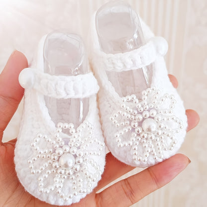 Handmade Baby 's First Walkers Shoes with Beaded Flower & Fabric Round-Toe Boots