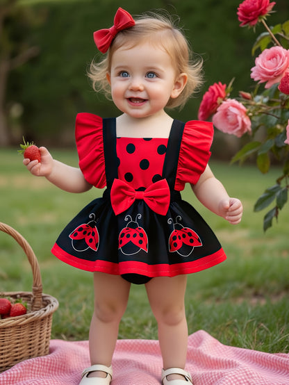 2pcs Set Girls' Summer Ladybug Print Sleeveless Dress with Adjustable Straps & Ruffled Collar + Polka Dot Sun Hat