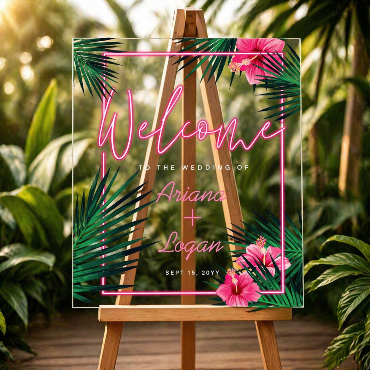 Welcome Wedding Neon Sign Pink Tropical Floral Palm Wedding Acrylic Sign