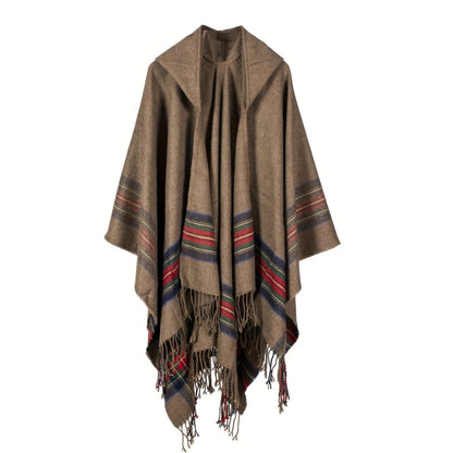 Acrylic Hooded Striped Poncho Shawl