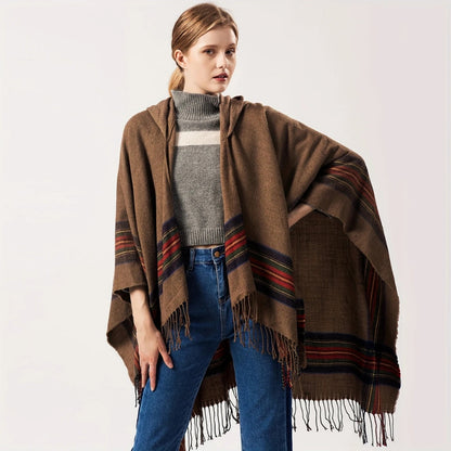 Acrylic Hooded Striped Poncho Shawl