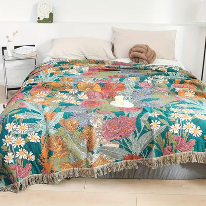 Bohemian Floral Patchwork Tassel Cotton Blanket