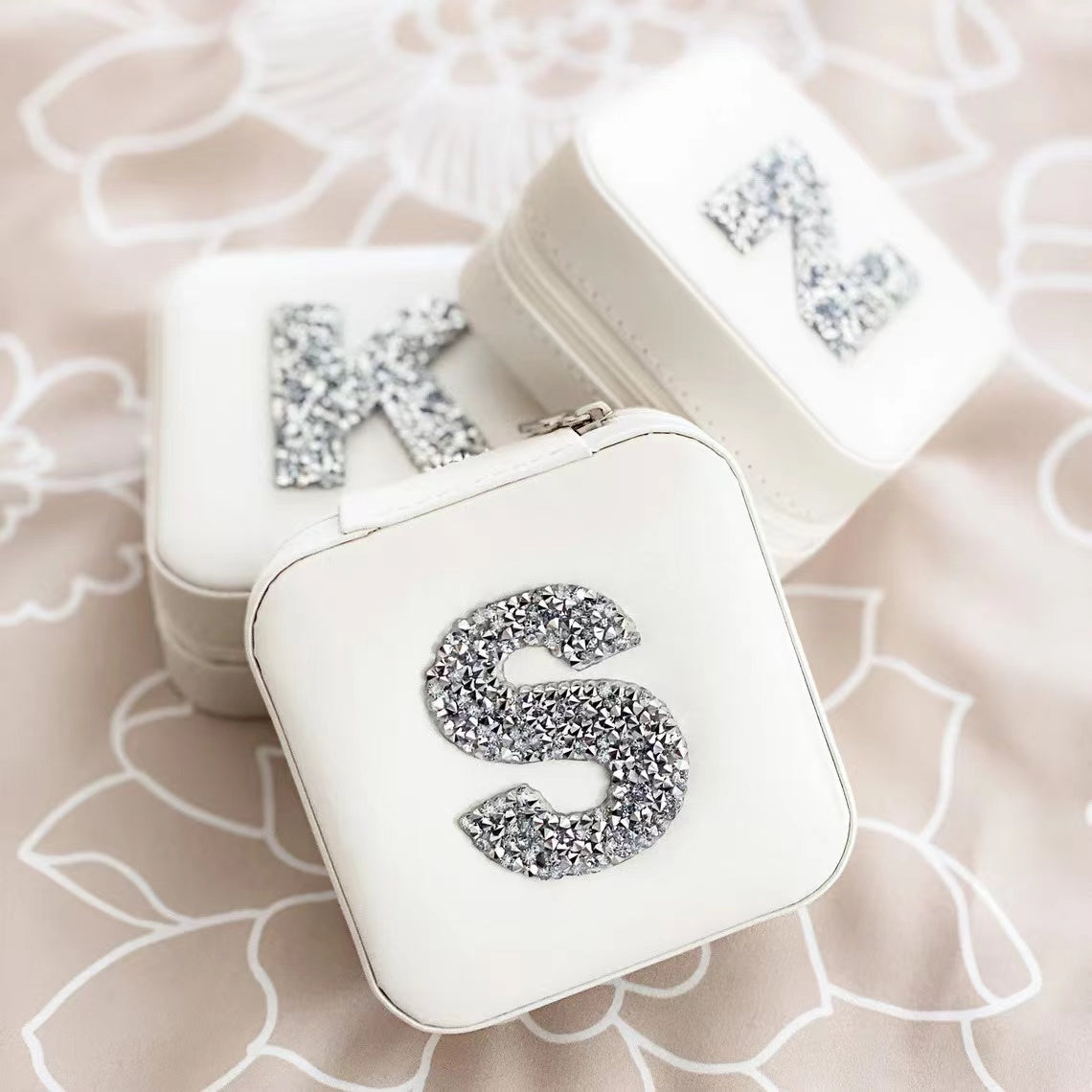 Custom Initial Jewelry Box for Bridesmaid, Personalized Rhinestone Initial Letter Travel Jewelry Box