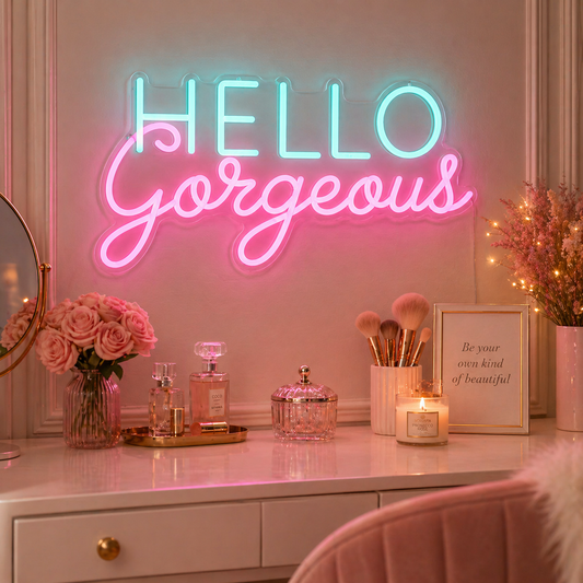 Hello Gorgeous Pink Neon Sign Vanity Room Decor