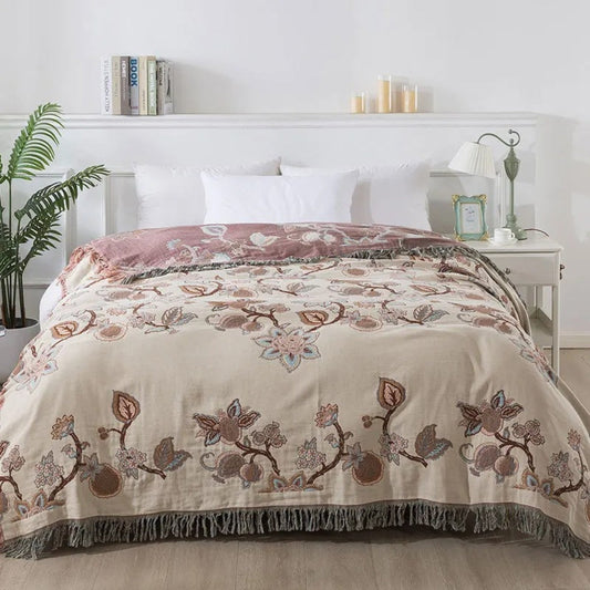 Orchid Trail Floral Cotton Tassel Bed Blanket