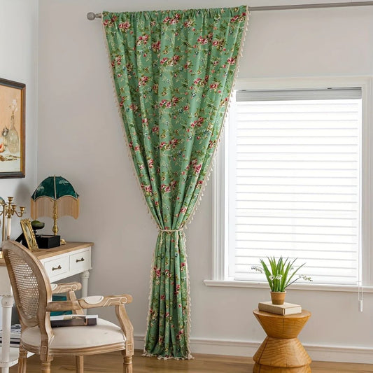 Pastoral Green Rose Tassel Curtain