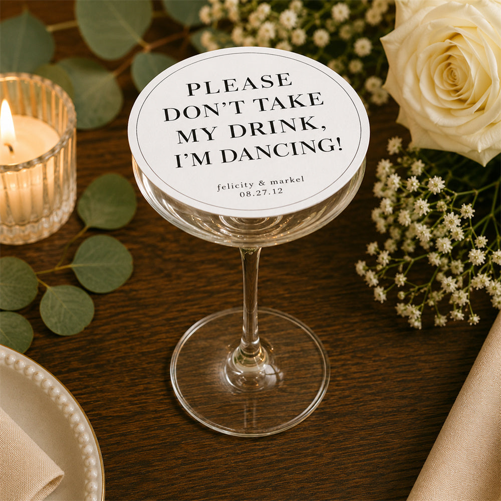 100pcs "Don't Take My Drink, I'm Dancing" Paper Coasters, 4-inch Round, White & Black