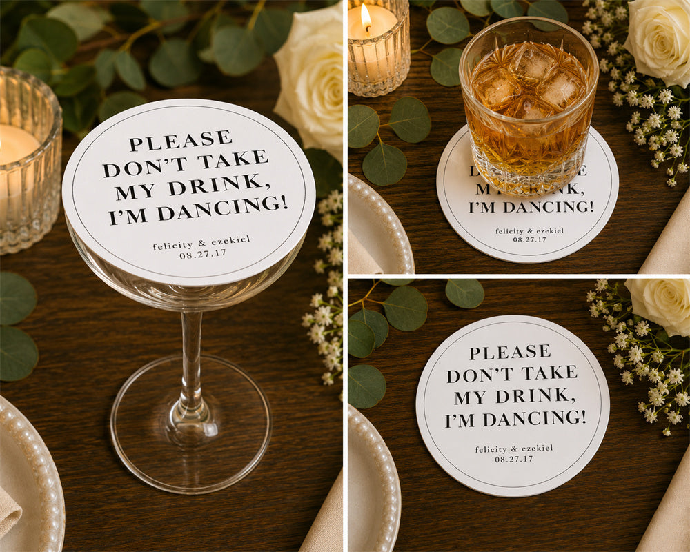 100pcs "Don't Take My Drink, I'm Dancing" Paper Coasters, 4-inch Round, White & Black