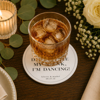 100pcs "Don't Take My Drink, I'm Dancing" Paper Coasters, 4-inch Round, White & Black