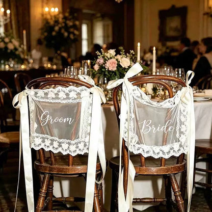 Sheer Lace Just Married Signs for Chairs / Bride & Groom Table Sign Decor