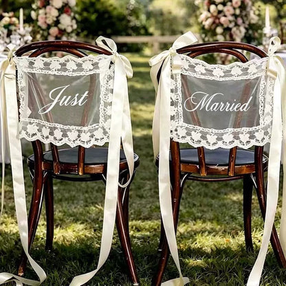 Sheer Lace Just Married Signs for Chairs / Bride & Groom Table Sign Decor