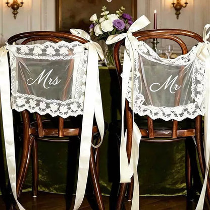 Sheer Lace Just Married Signs for Chairs / Bride & Groom Table Sign Decor