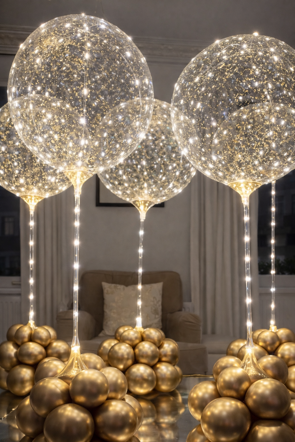 Decorative balloons with lights and gold bases in a room setting