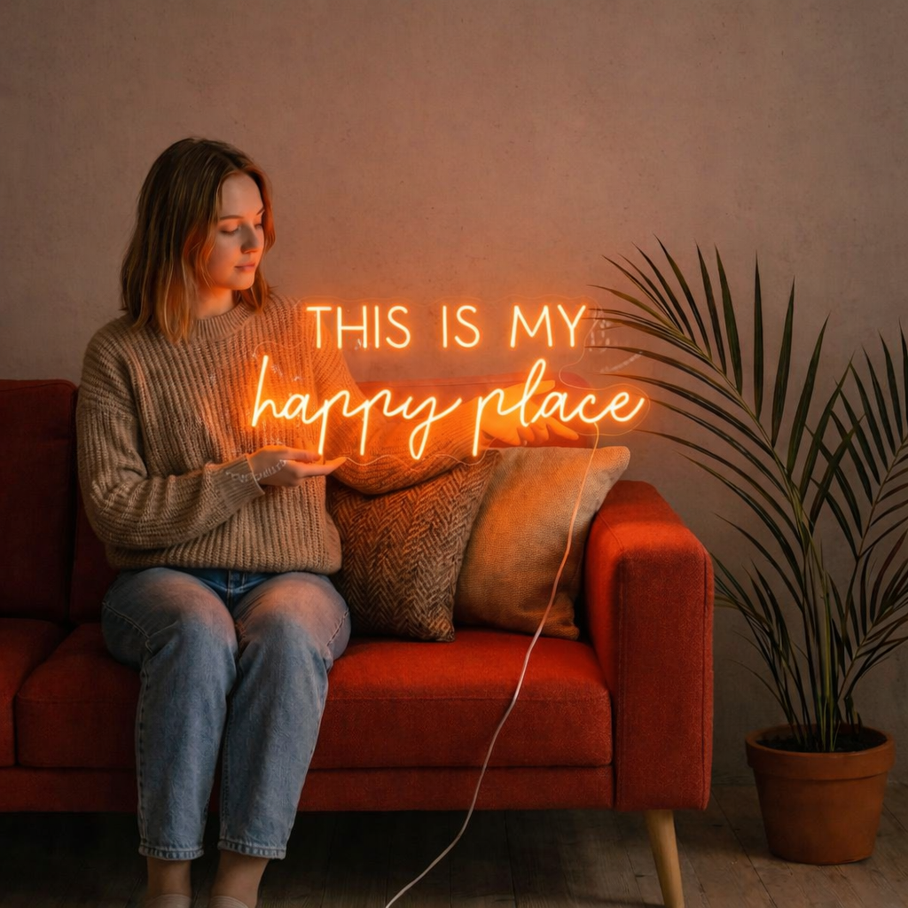 “This Is My Happy Place” Neon Sign / LED Wall Decor for Bedroom, Living Room, Aesthetic Home Decor, Cozy Room Light