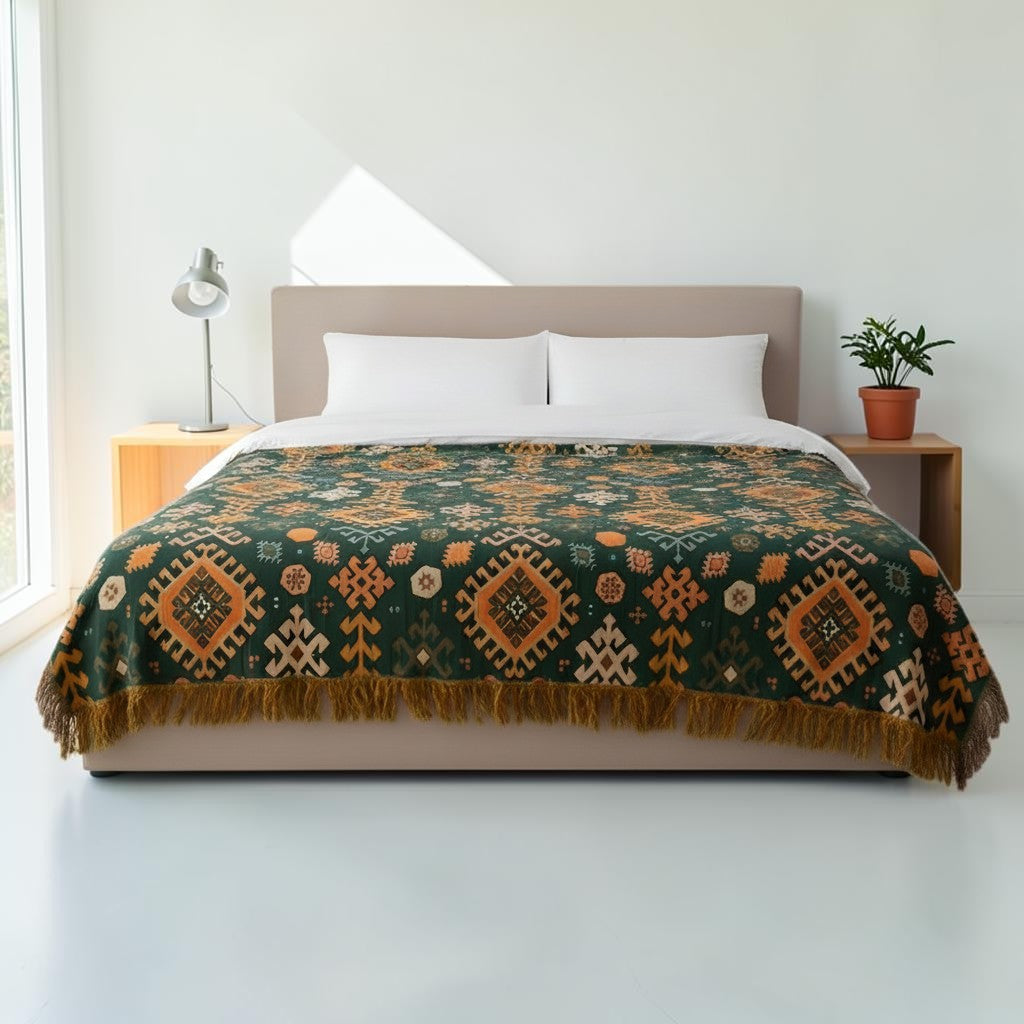 Tribal-Inspired Soft Geometric Fringe Cotton Blanket