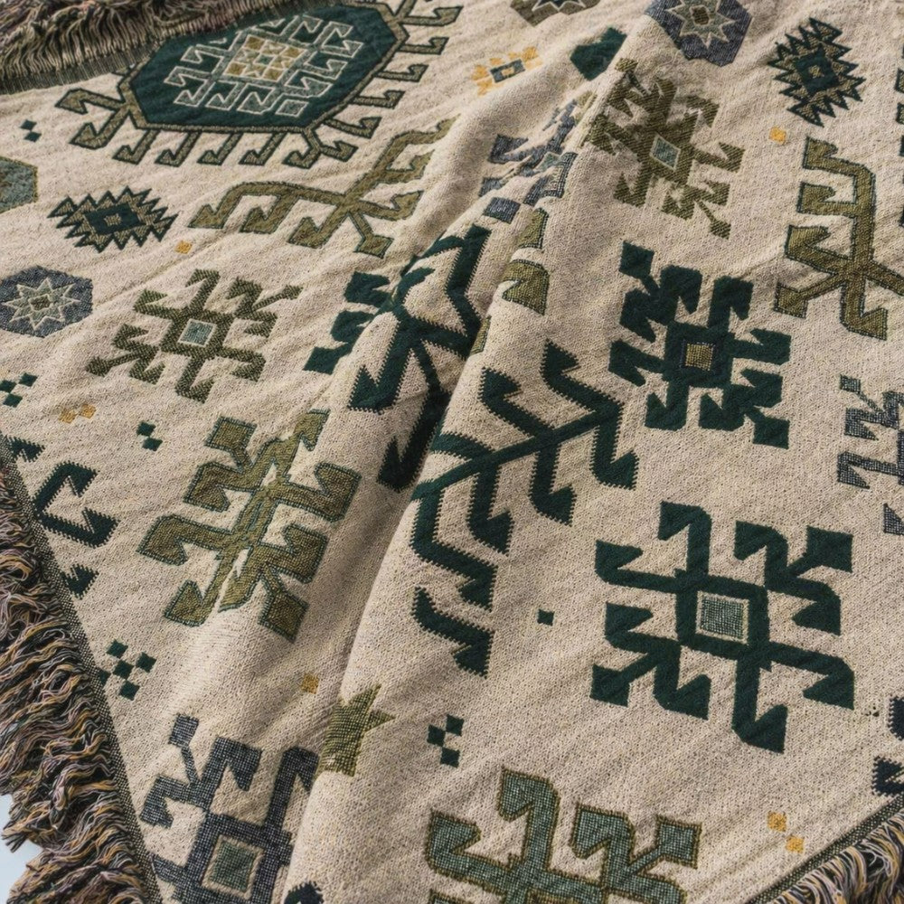 Tribal-Inspired Soft Geometric Fringe Cotton Blanket