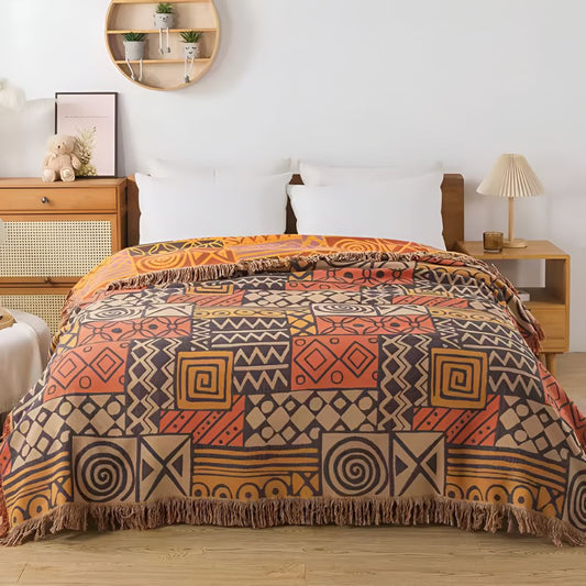 Tribal Patchwork Reversible Tassel Cotton Blanket
