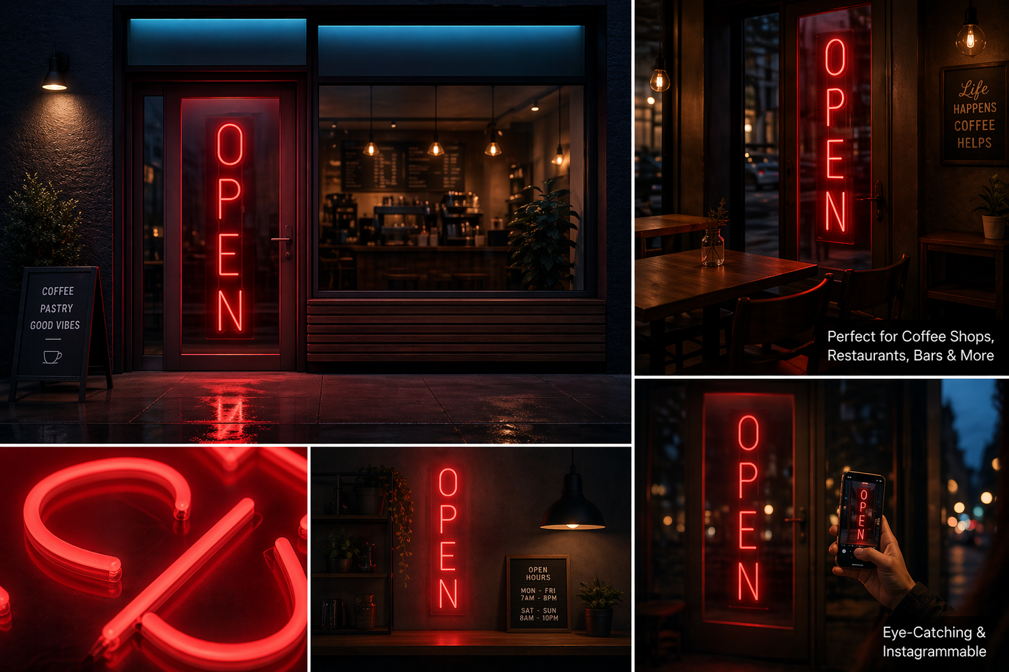 Neon 'OPEN' sign in various settings including a restaurant and coffee shop.