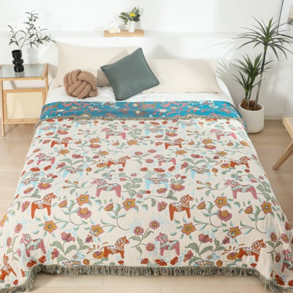 Vibrant Floral Garden Tassel Trim Cotton Blanket