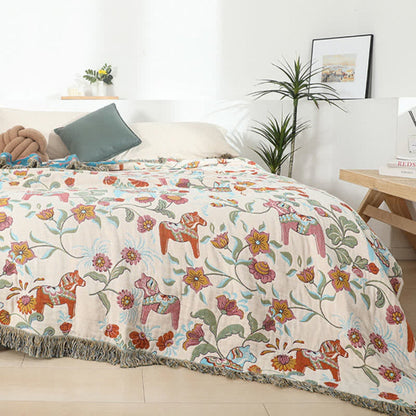 Vibrant Floral Garden Tassel Trim Cotton Blanket