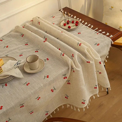 Vintage Red Cherry Tassel Tablecloth