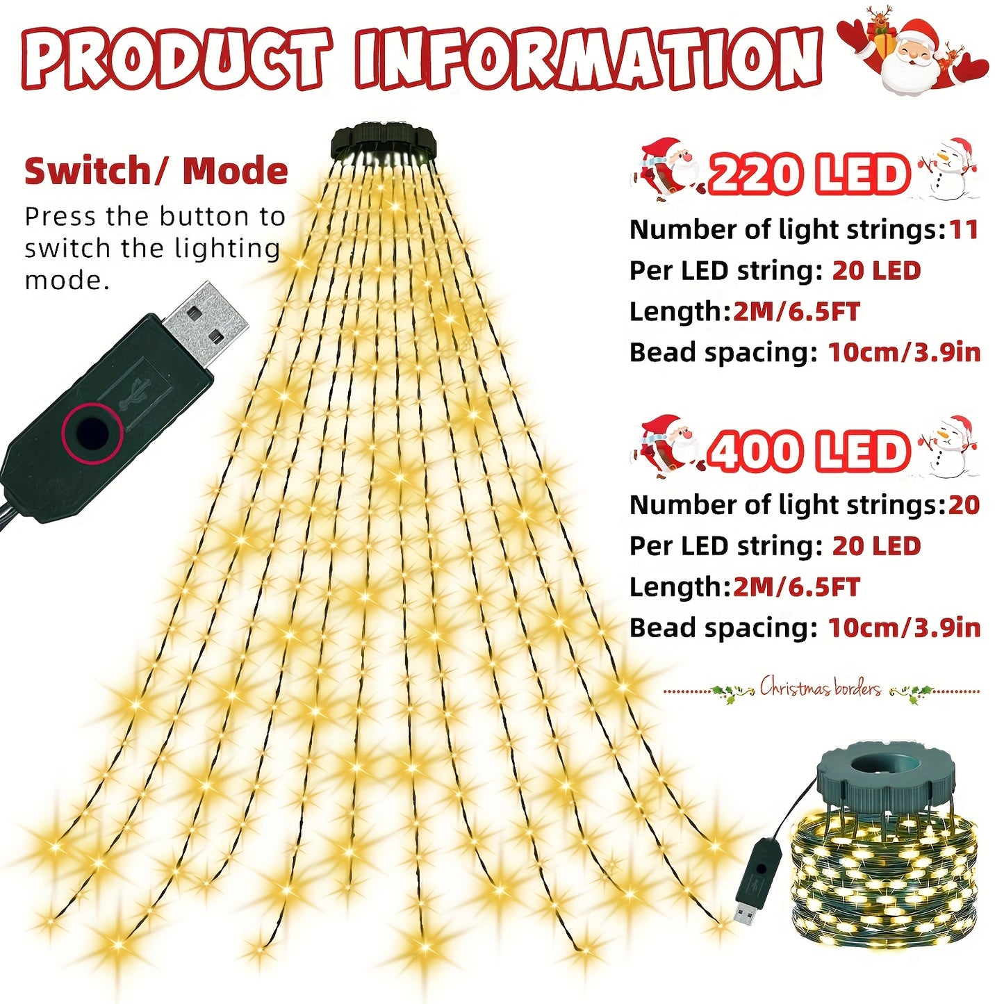 400/220 LED Christmas indoor light string, 20/11 string 78.74inch waterfall tree light, USB plug