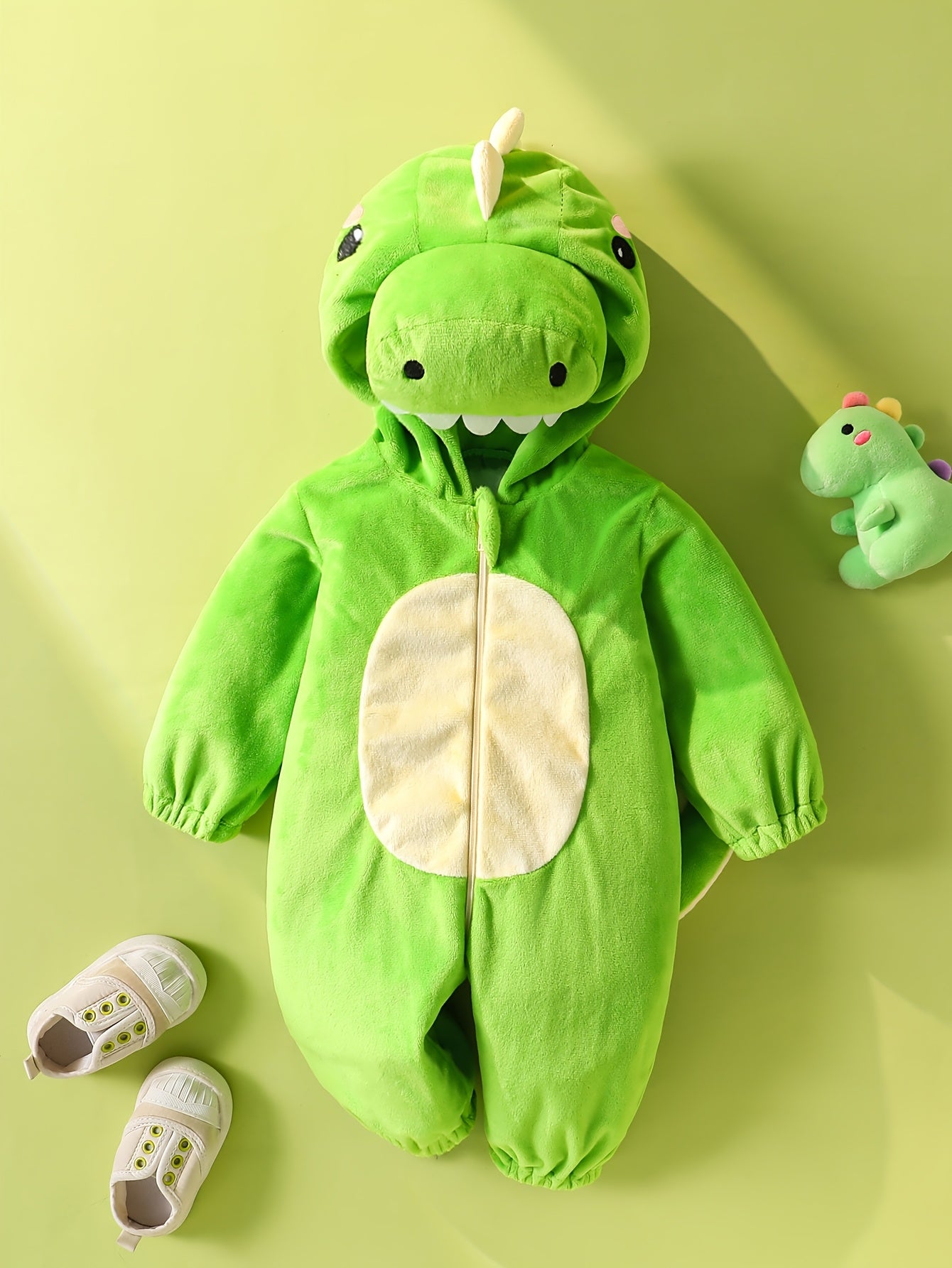 Unisex Green Dinosaur Bodysuit with Hood and Tail - Cute 3D Animal Theme Soft Baby Romper for Autumn/Winter