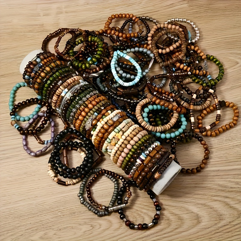 36-Pack Assorted Wooden Beaded Bracelets, Uncoated Metal, Zinc Alloy Charms, Women's Men's Fashion Jewelry
