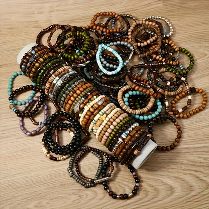 36-Pack Assorted Wooden Beaded Bracelets, Uncoated Metal, Zinc Alloy Charms, Women's Men's Fashion Jewelry