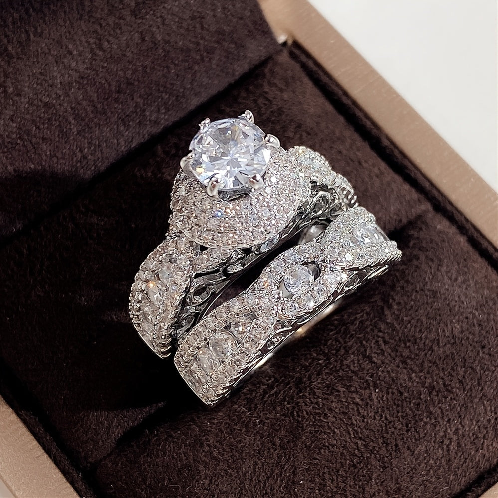 2pcs Set Luxury Elegant Wedding Ring, Micro Pave Synthetic Zirconia