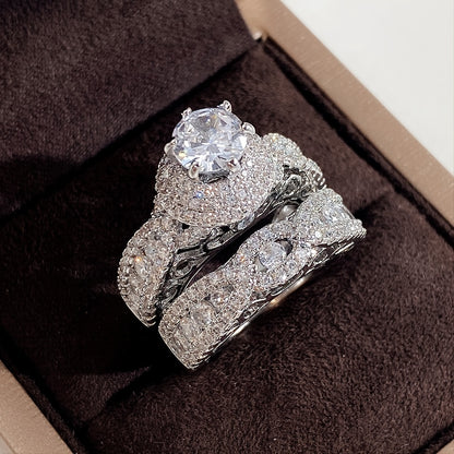 2pcs Set Luxury Elegant Wedding Ring, Micro Pave Synthetic Zirconia