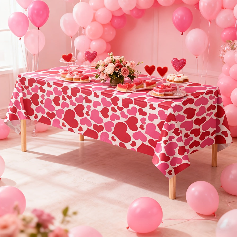 1pc Valentine's Day Pink Rose Fun Party Tablecloth, 108x54 Inch Pink Rose Heart Plastic Tablecloth for Valentine's Party Decorations