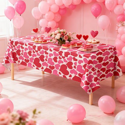 1pc Valentine's Day Pink Rose Fun Party Tablecloth, 108x54 Inch Pink Rose Heart Plastic Tablecloth for Valentine's Party Decorations
