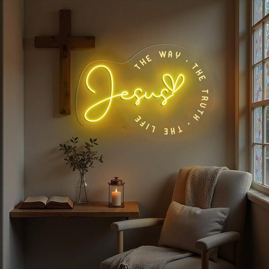 Jesus Neon Sign – Christian LED Wall Decor, “The Way The Truth The Life” Bible Verse Light