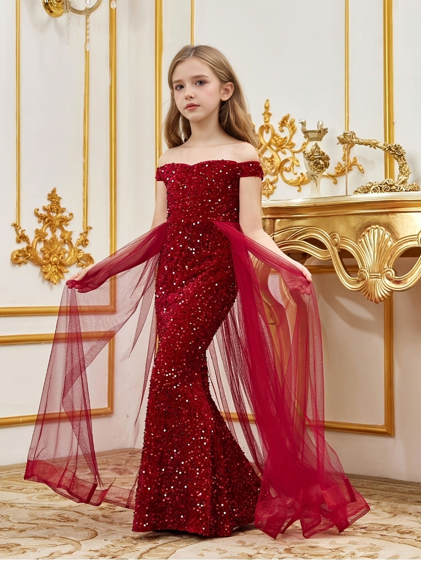 Girls' Luxury Off-Shoulder Sequin Mermaid Party Dress - Long Tulle Layered Fitted Evening Gown for Special Occasions