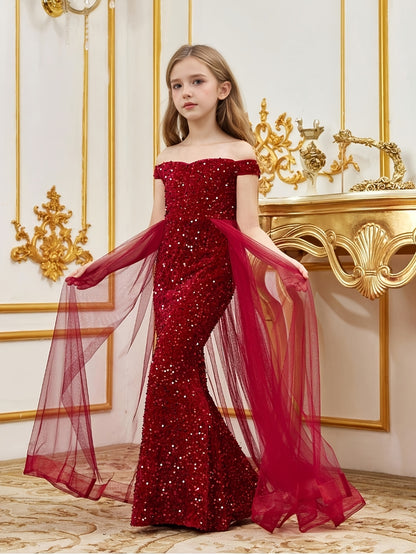 Girls' Luxury Off-Shoulder Sequin Mermaid Party Dress - Long Tulle Layered Fitted Evening Gown for Special Occasions